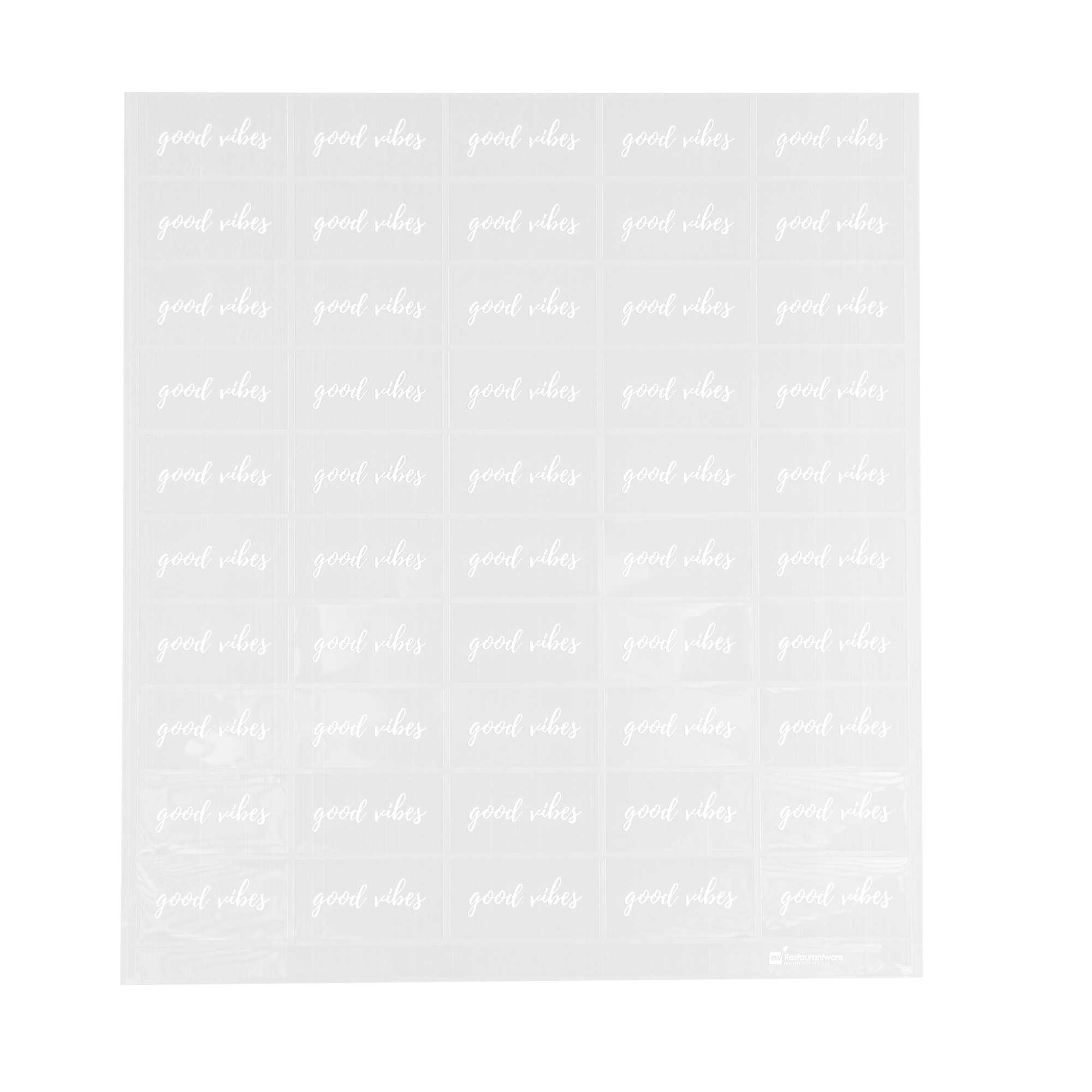 restaurantware Label Tek Plastic Good Vibes Label - Clear with White Font Water-Resistant - 2" x 1" - 100 count box