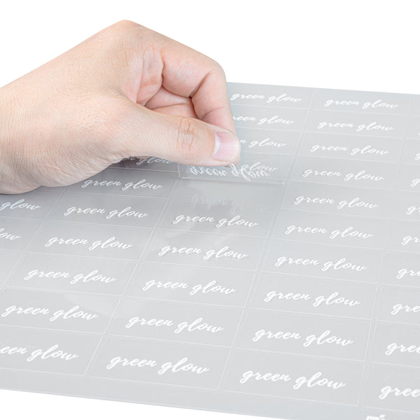 Restaurantware Label Tek Plastic Green Glow Label - Clear With White Font Water-Resistant - 2" X 1" - 100 Count Box
