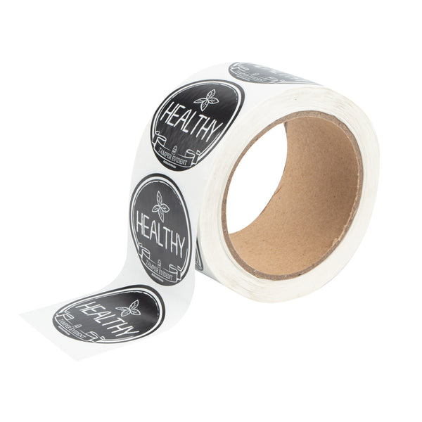 Restaurantware Label Tek Plastic Healthy Label - Black With White Font Tamper-Evident - 2" X 2" - 500 Count Box