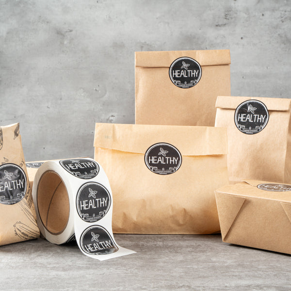 Restaurantware Label Tek Plastic Healthy Label - Black With White Font Tamper-Evident - 2" X 2" - 500 Count Box