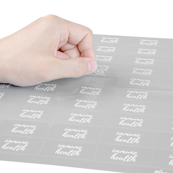 Restaurantware Label Tek Plastic Immune Health Label - Clear With White Font Water-Resistant - 2" X 1" - 100 Count Box