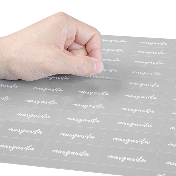 Restaurantware Label Tek Plastic Margarita Label - Clear With White Font Water-Resistant - 2" X 1" - 100 Count Box