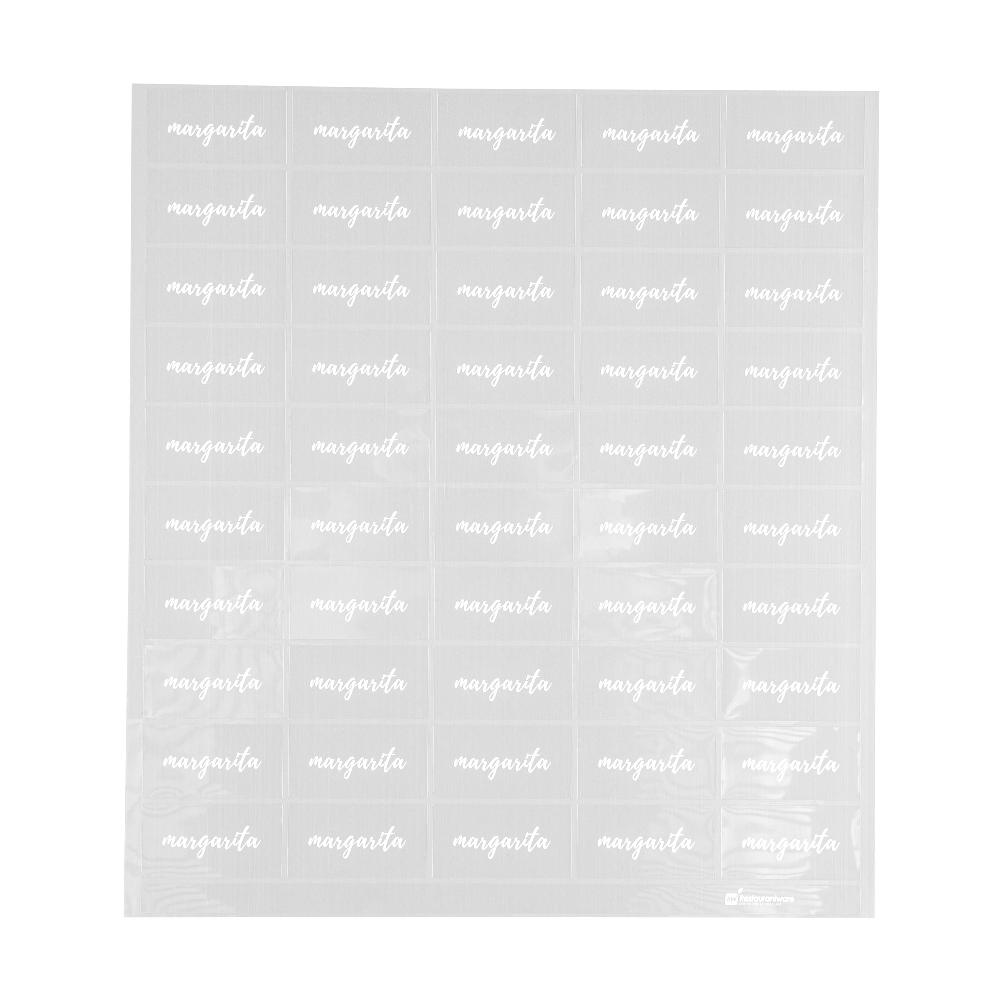 restaurantware Label Tek Plastic Margarita Label - Clear with White Font Water-Resistant - 2" x 1" - 100 count box