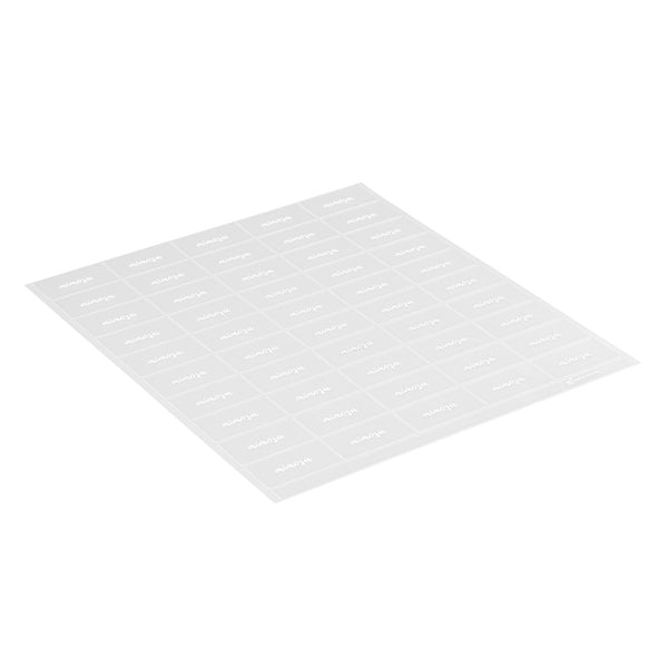 Restaurantware Label Tek Plastic Mimosa Label - Clear With White Font Water-Resistant - 2" X 1" - 100 Count Box