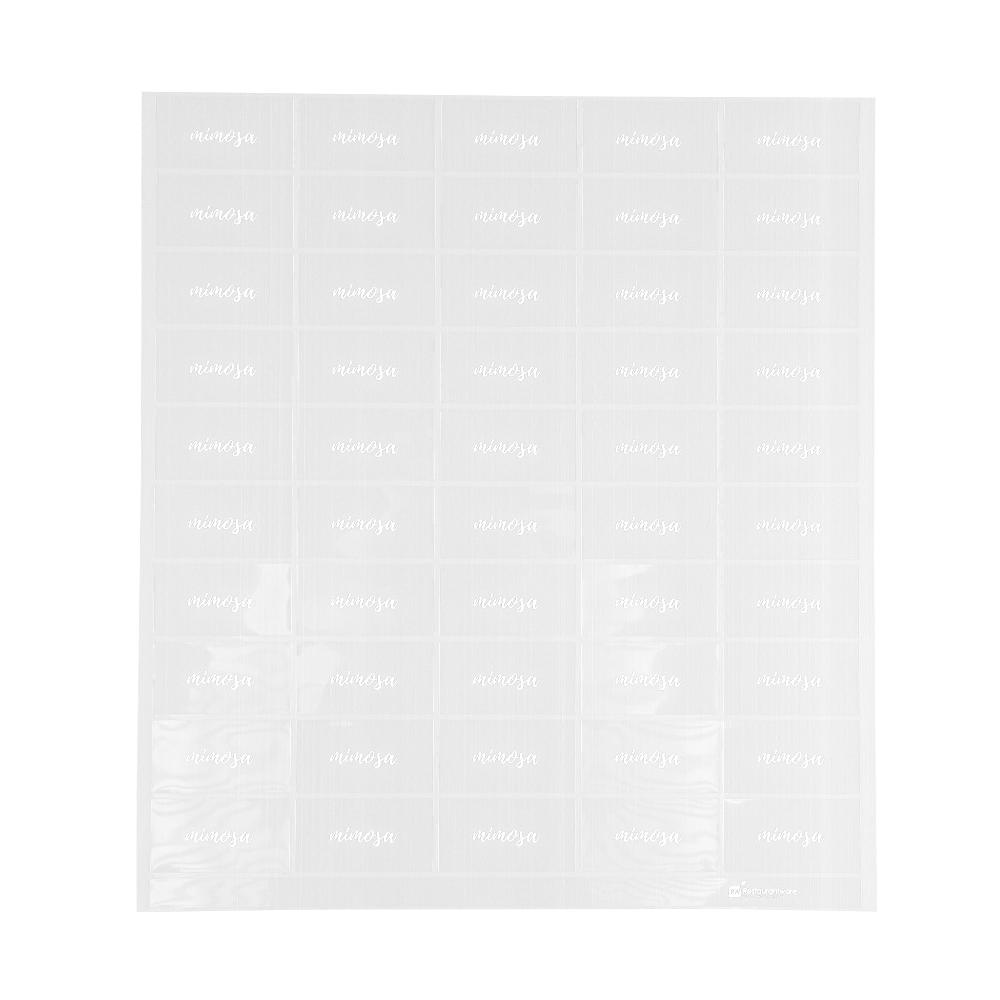 restaurantware Label Tek Plastic Mimosa Label - Clear with White Font Water-Resistant - 2" x 1" - 100 count box