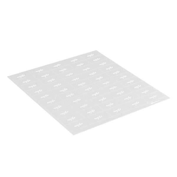 Restaurantware Label Tek Plastic Mojito Label - Clear With White Font Water-Resistant - 2" X 1" - 100 Count Box
