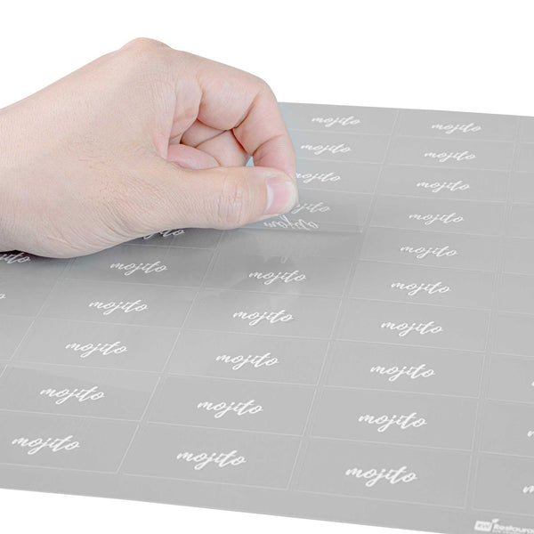 Restaurantware Label Tek Plastic Mojito Label - Clear With White Font Water-Resistant - 2" X 1" - 100 Count Box