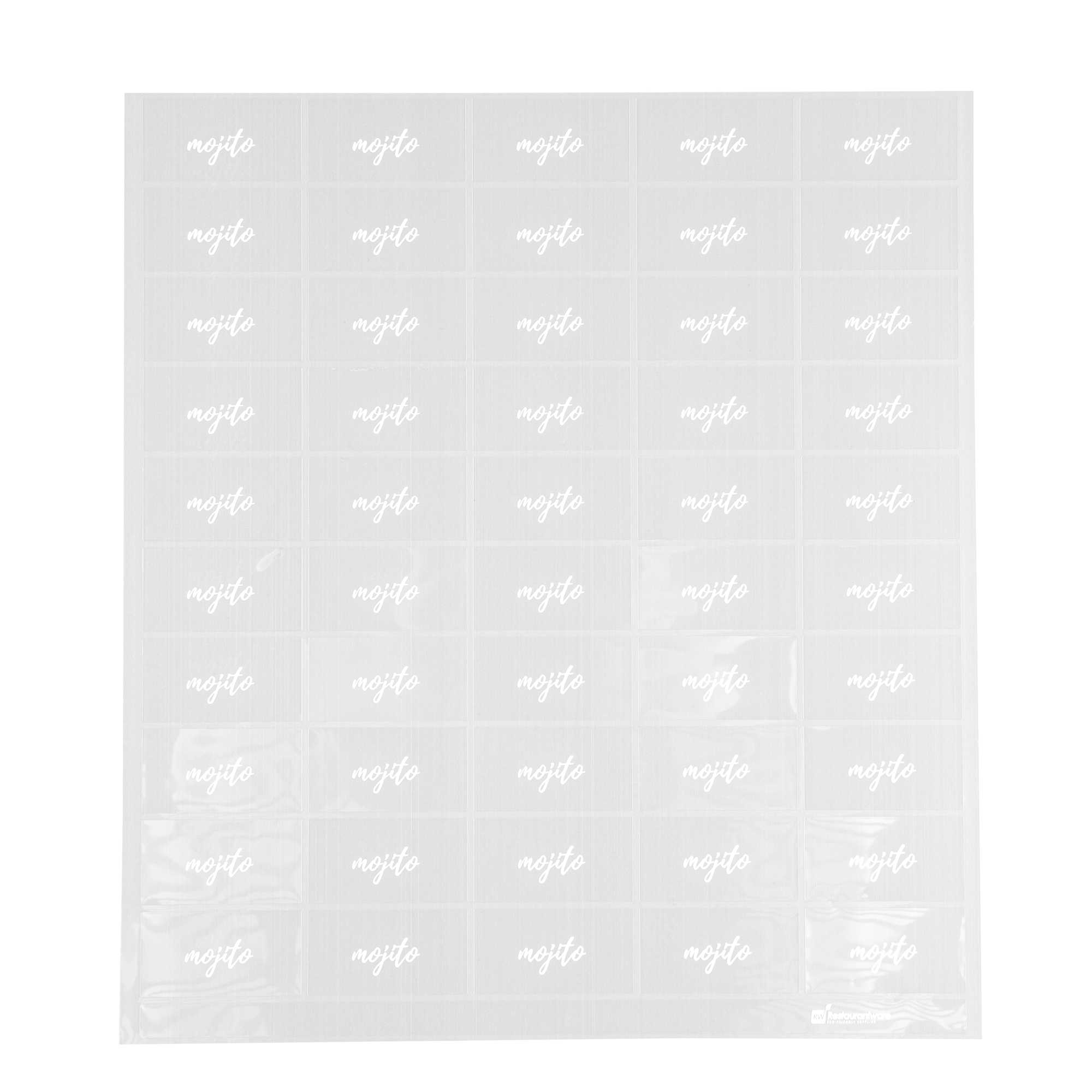restaurantware Label Tek Plastic Mojito Label - Clear with White Font Water-Resistant - 2" x 1" - 100 count box