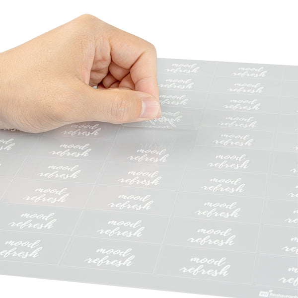 Restaurantware Label Tek Plastic Mood Refresh Label - Clear With White Font Water-Resistant - 2" X 1" - 100 Count Box