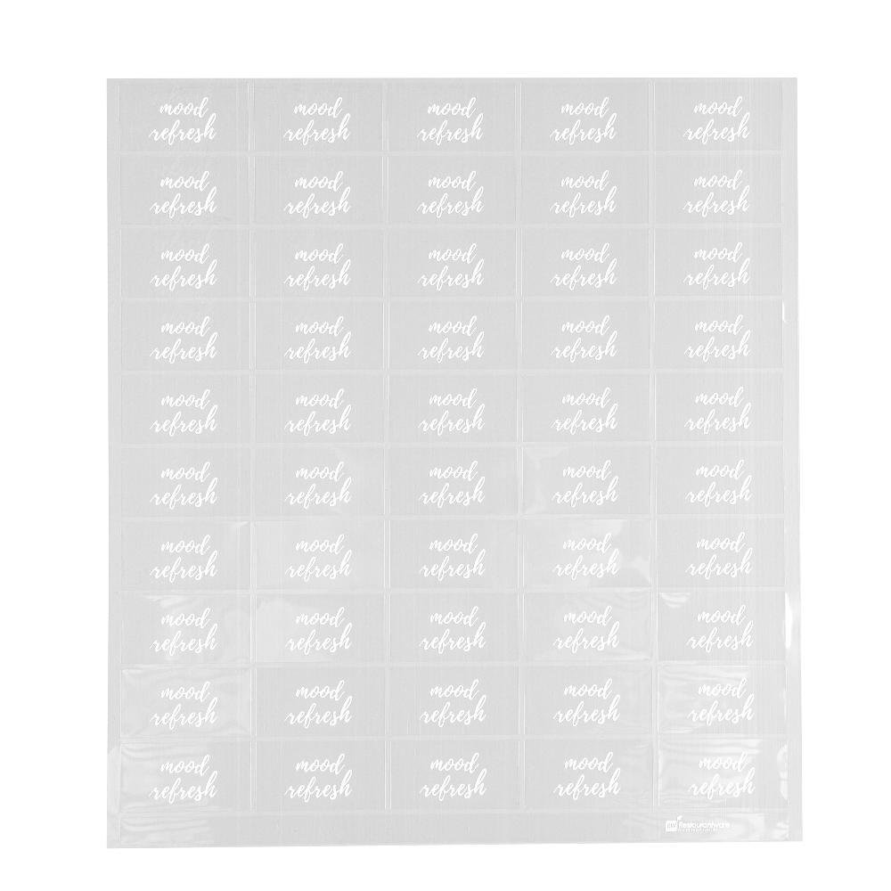 restaurantware Label Tek Plastic Mood Refresh Label - Clear with White Font Water-Resistant - 2" x 1" - 100 count box