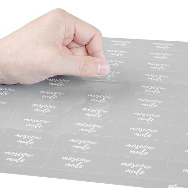 Restaurantware Label Tek Plastic Moscow Mule Label - Clear With White Font Water-Resistant - 2" X 1" - 100 Count Box