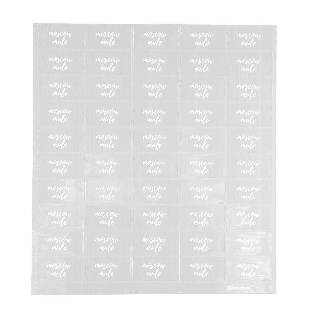 restaurantware Label Tek Plastic Moscow Mule Label - Clear with White Font Water-Resistant - 2" x 1" - 100 count box