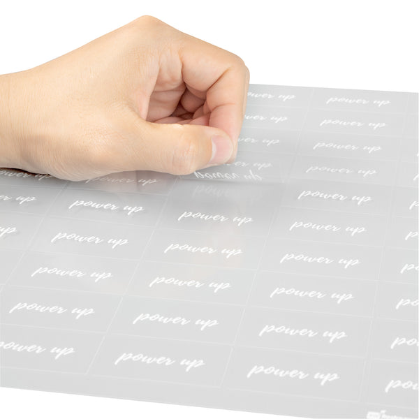Restaurantware Label Tek Plastic Power Up Label - Clear With White Font Water-Resistant - 2" X 1" - 100 Count Box