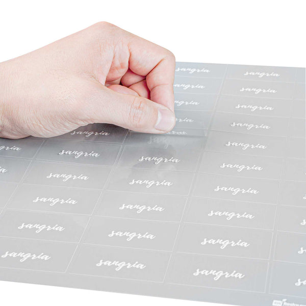 Restaurantware Label Tek Plastic Sangria Label - Clear With White Font Water-Resistant - 2" X 1" - 100 Count Box