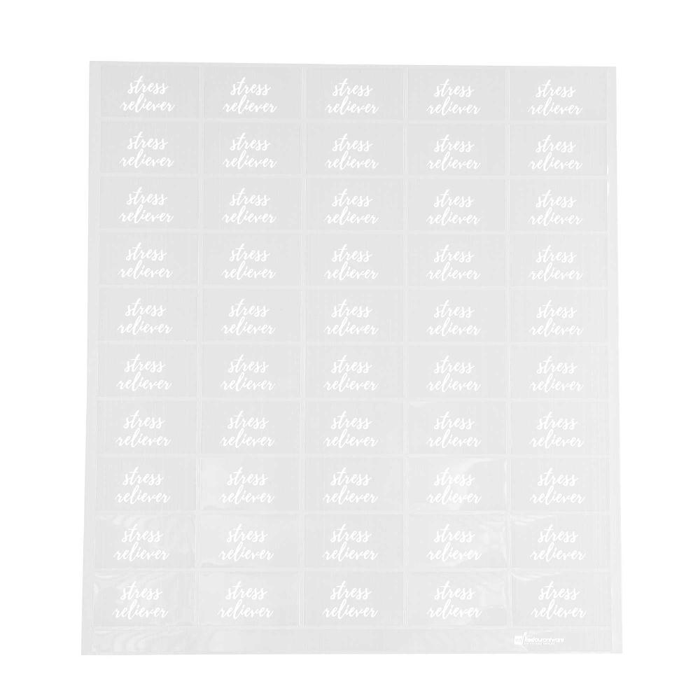 restaurantware Label Tek Plastic Stress Reliever Label - Clear with White Font Water-Resistant - 2" x 1" - 100 count box