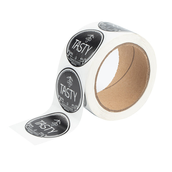 Restaurantware Label Tek Plastic Tasty Label - Black With White Font Tamper-Evident - 2" X 2" - 500 Count Box