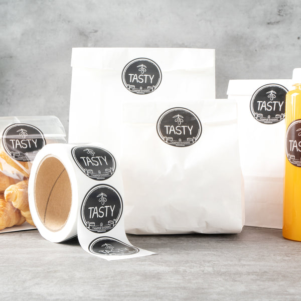 Restaurantware Label Tek Plastic Tasty Label - Black With White Font Tamper-Evident - 2" X 2" - 500 Count Box