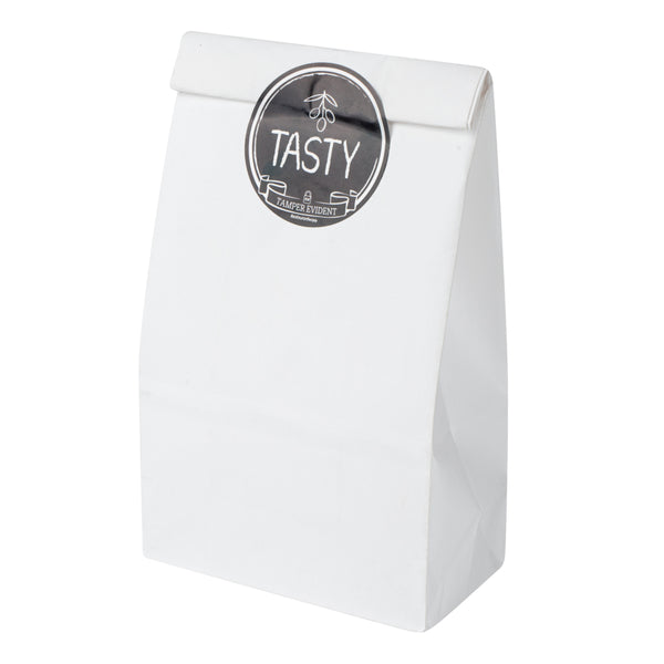 Restaurantware Label Tek Plastic Tasty Label - Black With White Font Tamper-Evident - 2" X 2" - 500 Count Box