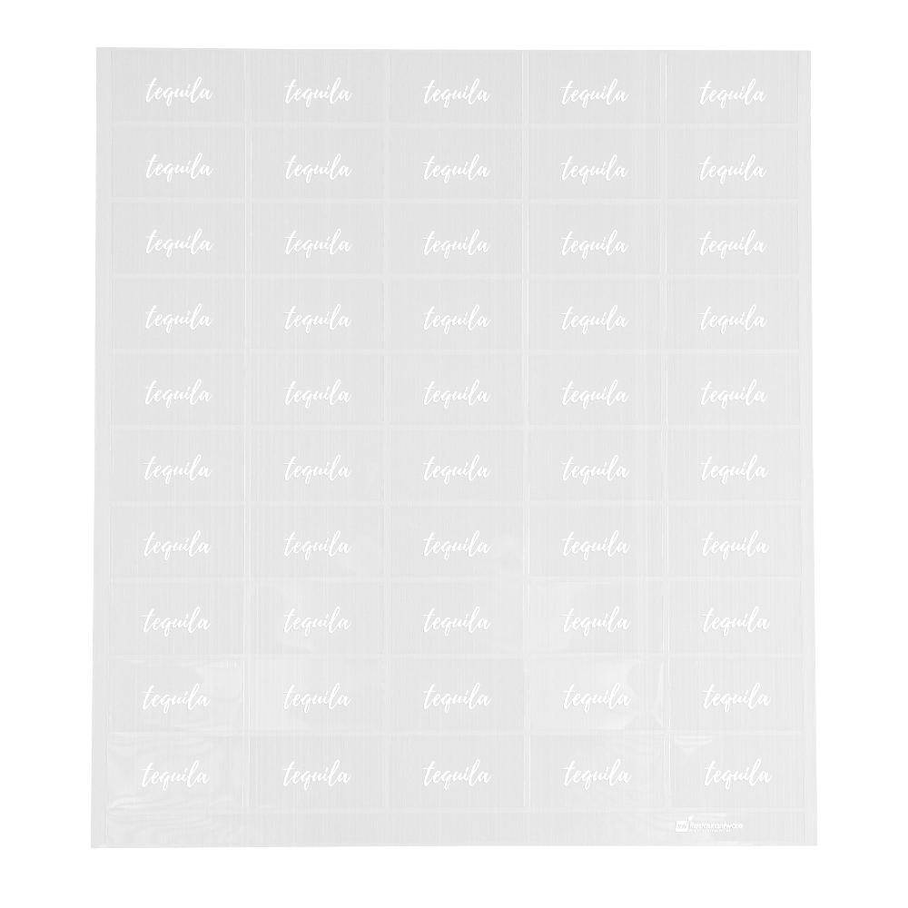 restaurantware Label Tek Plastic Tequila Label - Clear with White Font Water-Resistant - 2" x 1" - 100 count box