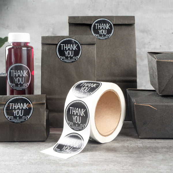Restaurantware Label Tek Plastic Thank You Label - Black With White Font Tamper-Evident - 2" X 2" - 500 Count Box