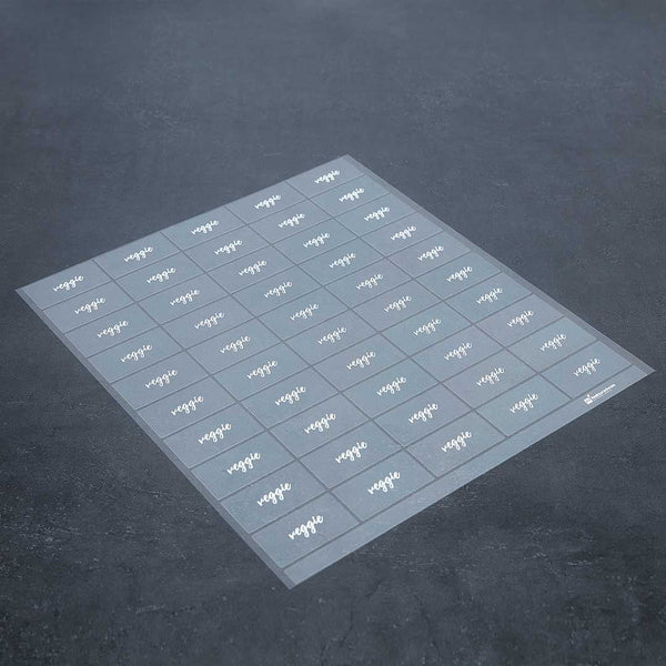 Restaurantware Label Tek Plastic Veggie Label - Clear With White Font Water-Resistant - 2" X 1" - 100 Count Box