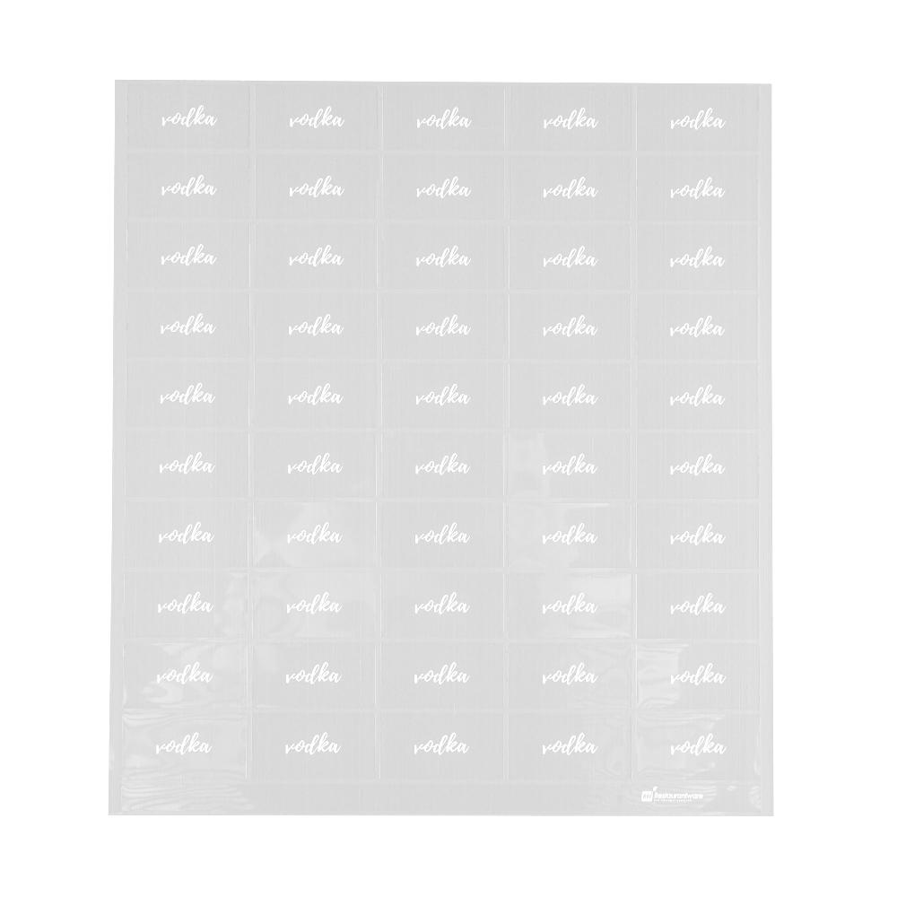 restaurantware Label Tek Plastic Vodka Label - Clear with White Font Water-Resistant - 2" x 1" - 100 count box