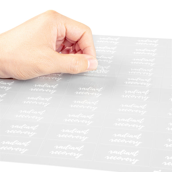 Restaurantware Label Tek Radiant Recovery Label - Clear With White Font Water-Resistant - 2" X 1" - 100 Count Box