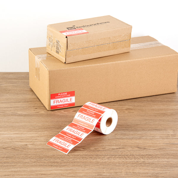 Restaurantware Label Tek Red And White Paper Fragile / Handle With Care Label - 3" X 2" - 500 Count Roll