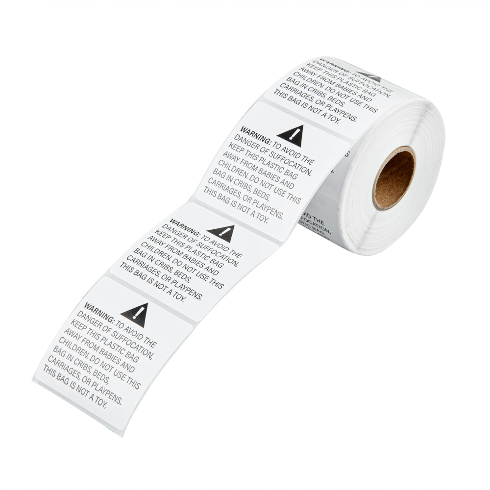 restaurantware Label Tek White Paper Suffocation Warning Label - 2" x 2" - 500 count roll