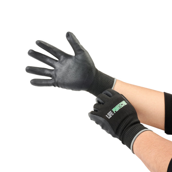 Restaurantware Life Protector Black HPPE Nylon / Spandex Extra Large Work Gloves - Ultra-Thin Foam Nitrile Palm Coating Cut-Resistant - Pair - 10 Count Box