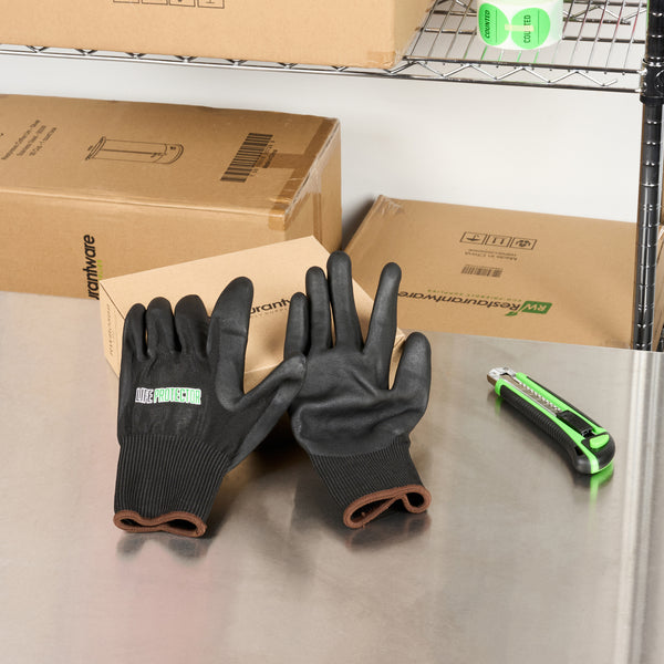 Restaurantware Life Protector Black HPPE Nylon / Spandex Large Work Gloves - With Ultra-Thin Foam Nitrile Palm Coating Cut-Resistant - Pair - 10 Count Box