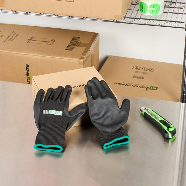 Restaurantware Life Protector Black HPPE Nylon / Spandex Medium Work Gloves - With Ultra-Thin Foam Nitrile Palm Coating Cut-Resistant - Pair - 10 Count Box