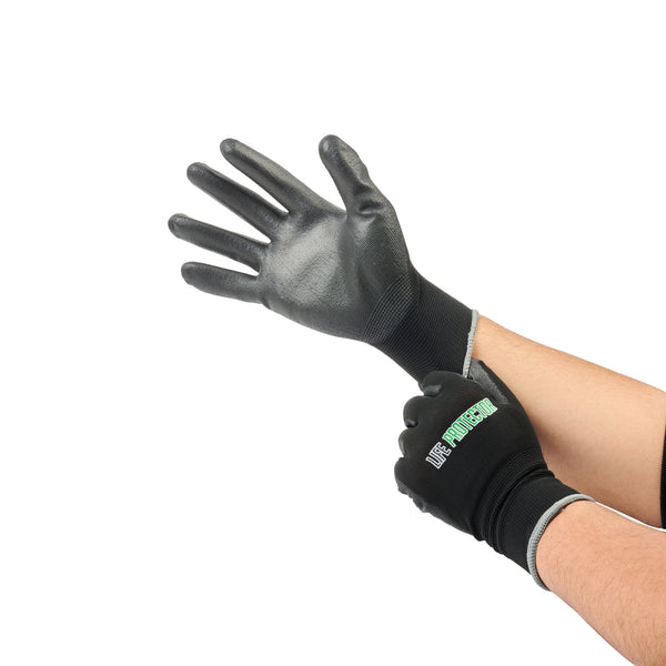 Restaurantware Life Protector Black Nylon Extra Large Work Gloves - With Polyurethane Palm Coating - Pair - 10 Count Box