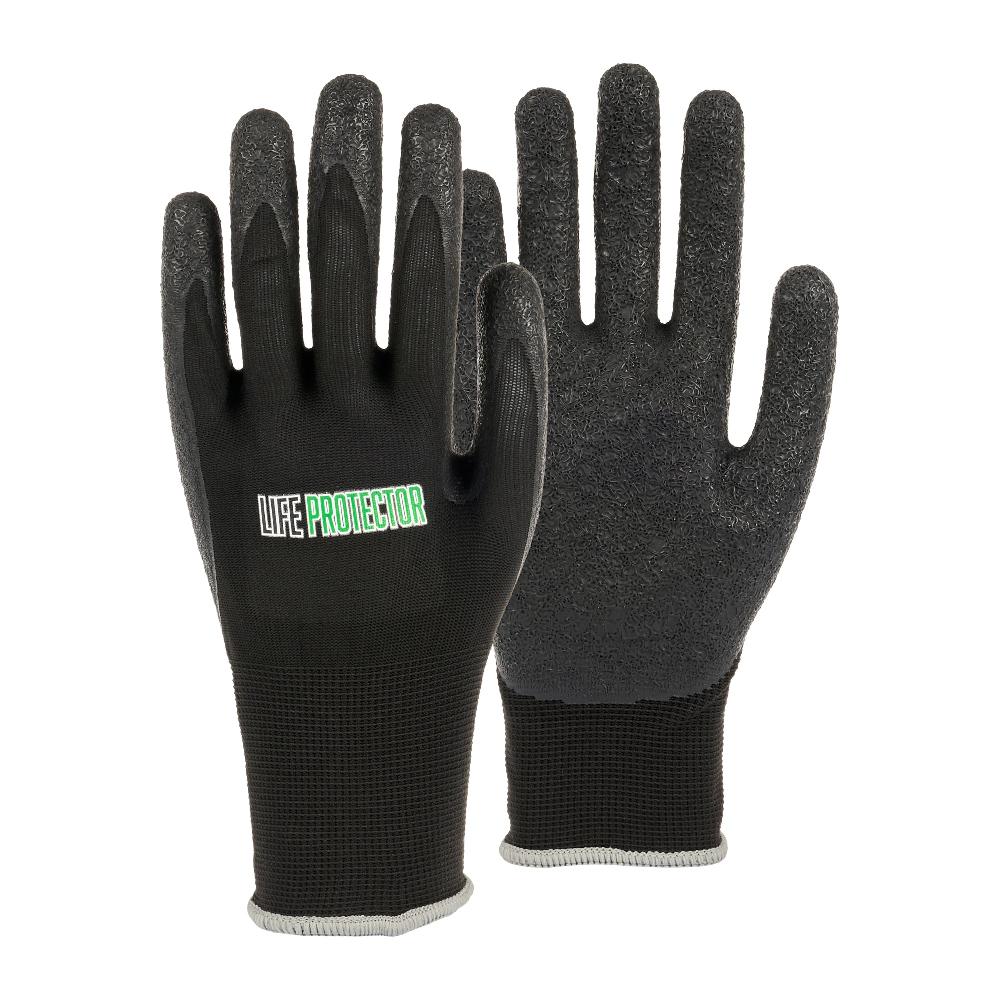 restaurantware Life Protector Black Nylon Extra Large Work Gloves - with Crinkle Latex Palm Coating - Pair - 10 count box