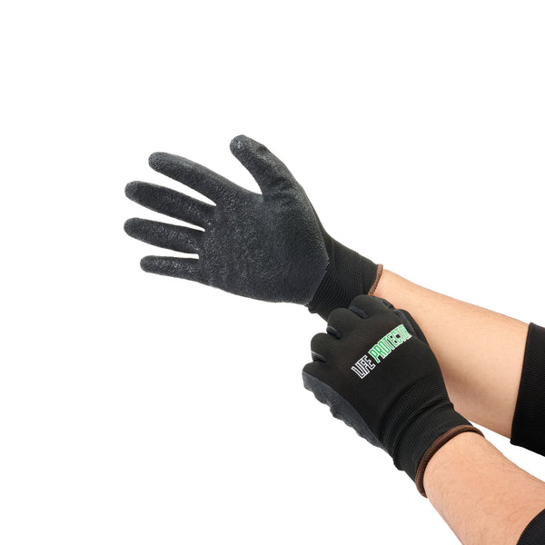 Restaurantware Life Protector Black Nylon Large Work Gloves - With Crinkle Latex Palm Coating - Pair - 10 Count Box