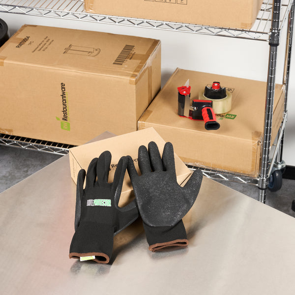 Restaurantware Life Protector Black Nylon Large Work Gloves - With Crinkle Latex Palm Coating - Pair - 10 Count Box