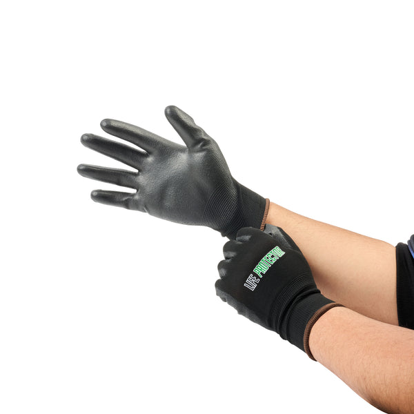 Restaurantware Life Protector Black Nylon Large Work Gloves - With Polyurethane Palm Coating - Pair - 10 Count Box