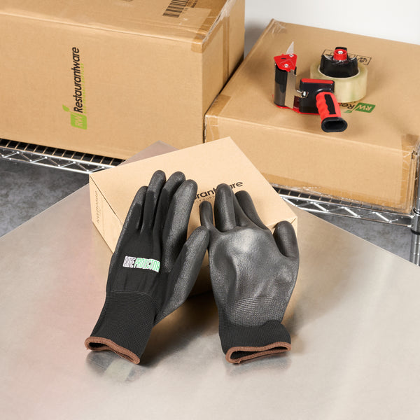 Restaurantware Life Protector Black Nylon Large Work Gloves - With Polyurethane Palm Coating - Pair - 10 Count Box