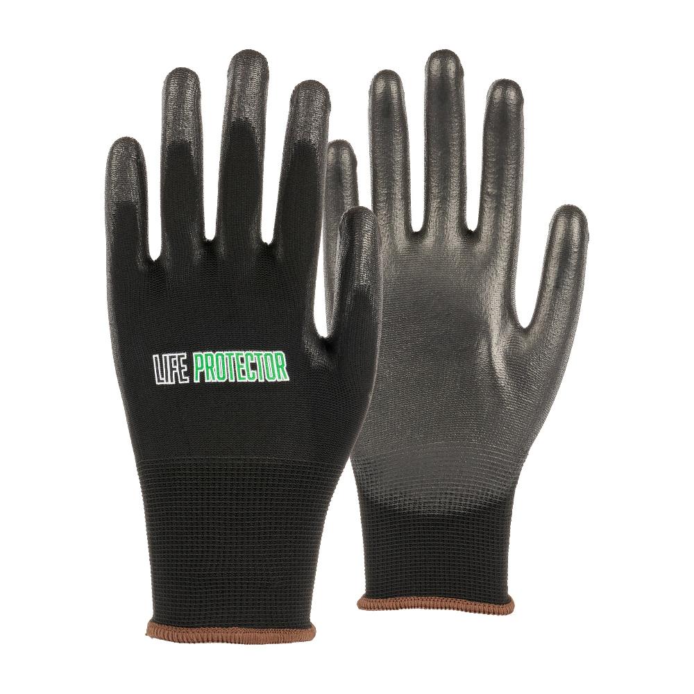 restaurantware Life Protector Black Nylon Large Work Gloves - with Polyurethane Palm Coating - Pair - 10 count box