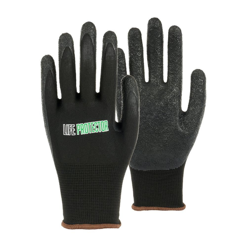 restaurantware Life Protector Black Nylon Large Work Gloves - with Crinkle Latex Palm Coating - Pair - 10 count box