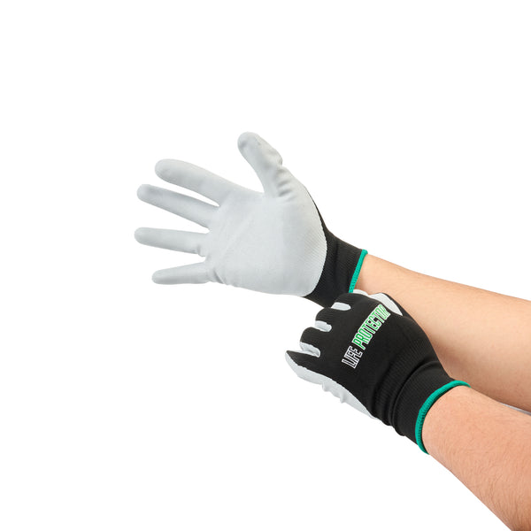 Restaurantware Life Protector Black Nylon Medium Work Gloves - With Foam Nitrile Palm Coating - Pair - 10 Count Box