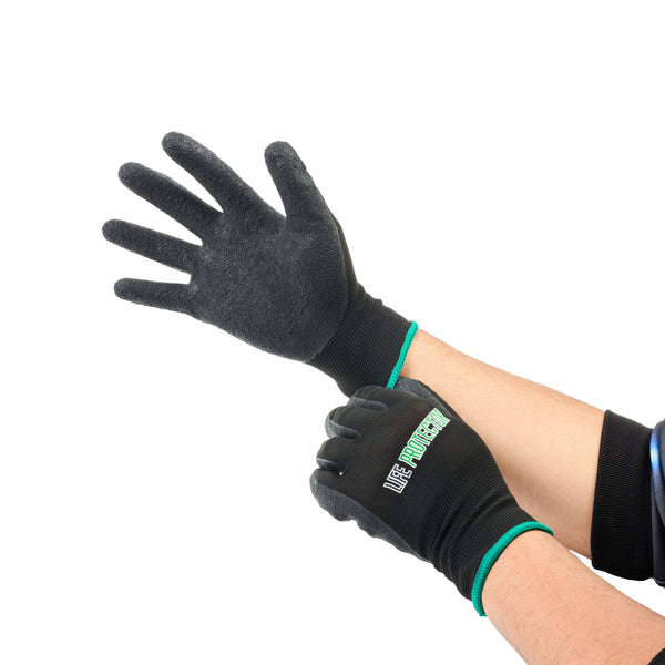 Restaurantware Life Protector Black Nylon Medium Work Gloves - With Crinkle Latex Palm Coating - Pair - 10 Count Box
