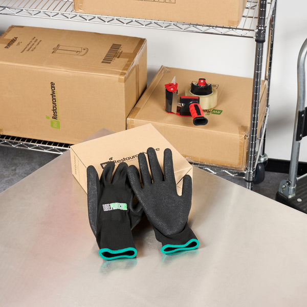 Restaurantware Life Protector Black Nylon Medium Work Gloves - With Crinkle Latex Palm Coating - Pair - 10 Count Box