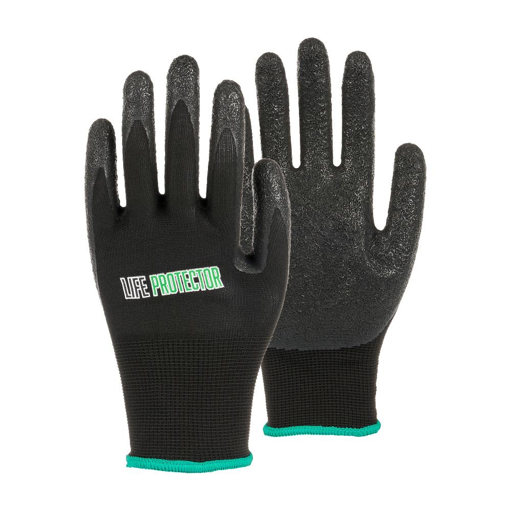 restaurantware Life Protector Black Nylon Medium Work Gloves - with Crinkle Latex Palm Coating - Pair - 10 count box
