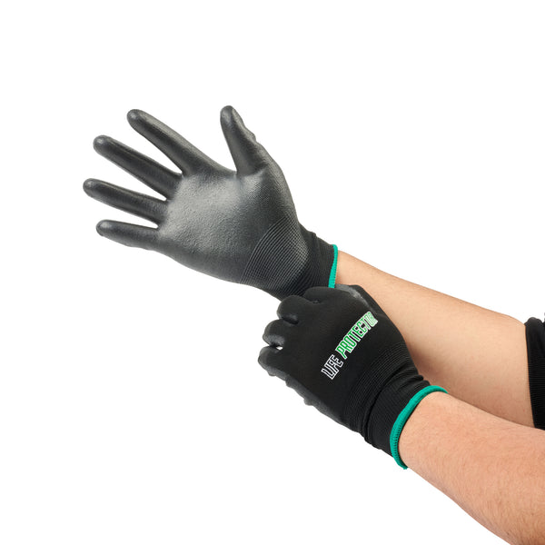 Restaurantware Life Protector Black Nylon Medium Work Gloves - With Polyurethane Palm Coating - Pair - 10 Count Box