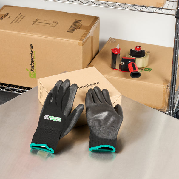 Restaurantware Life Protector Black Nylon Medium Work Gloves - With Polyurethane Palm Coating - Pair - 10 Count Box