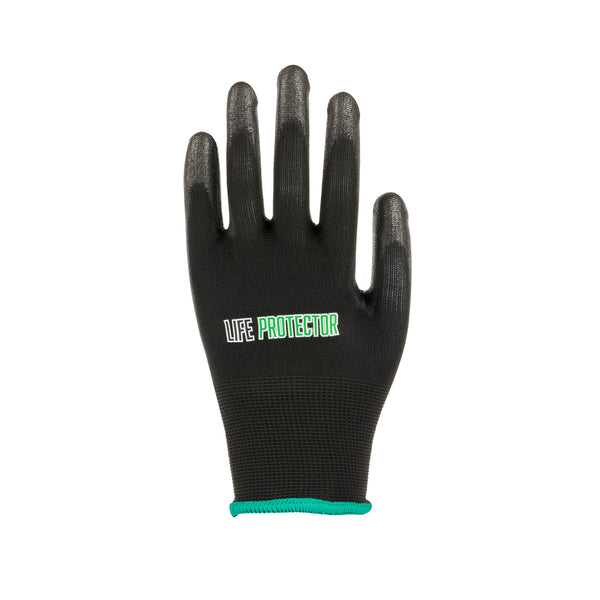 Restaurantware Life Protector Black Nylon Medium Work Gloves - With Polyurethane Palm Coating - Pair - 10 Count Box