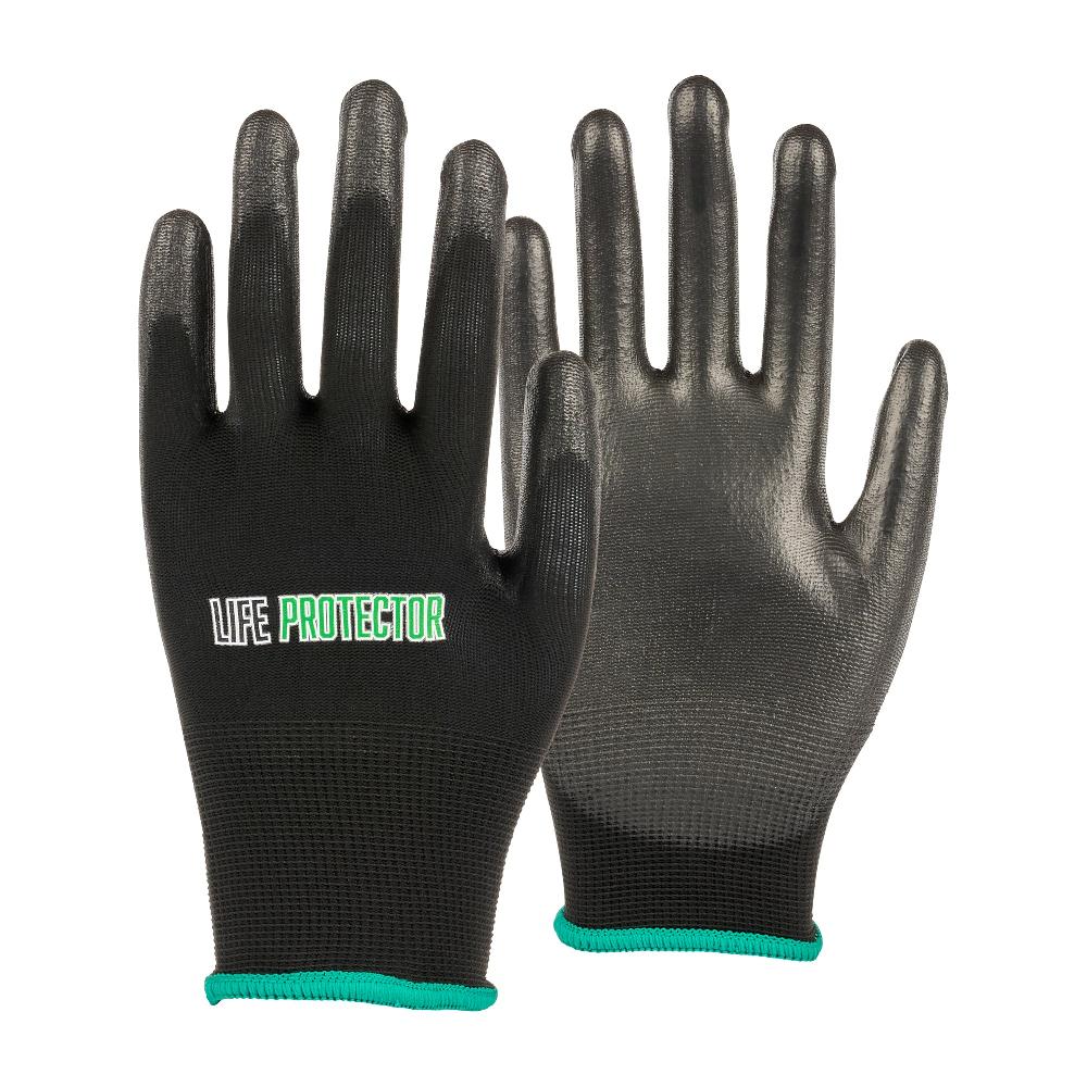 restaurantware Life Protector Black Nylon Medium Work Gloves - with Polyurethane Palm Coating - Pair - 10 count box