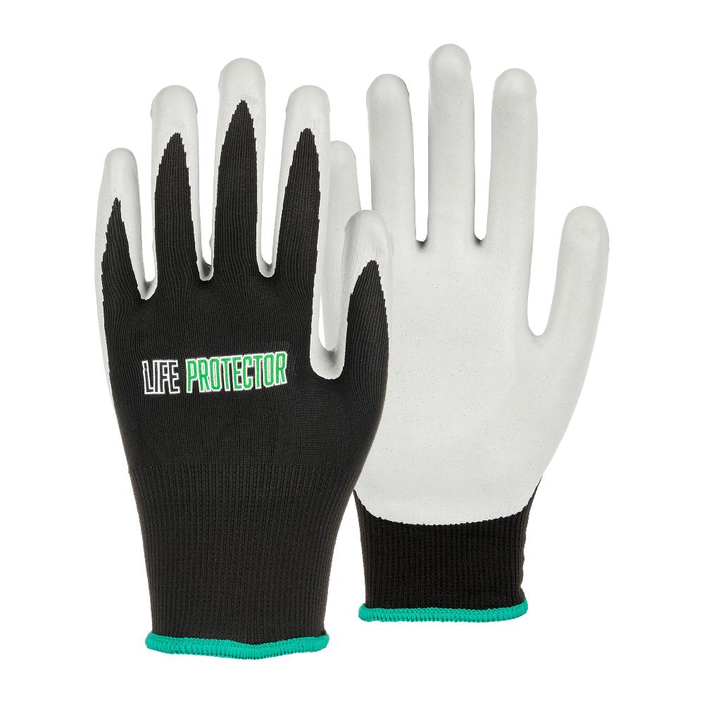 restaurantware Life Protector Black Nylon Medium Work Gloves - with Foam Nitrile Palm Coating - Pair - 10 count box