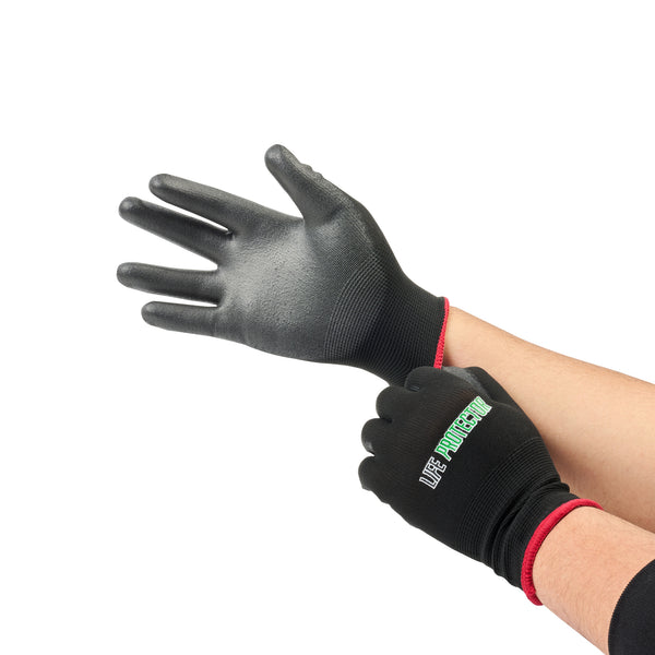 Restaurantware Life Protector Black Nylon Small Work Gloves - With Polyurethane Palm Coating - Pair - 10 Count Box
